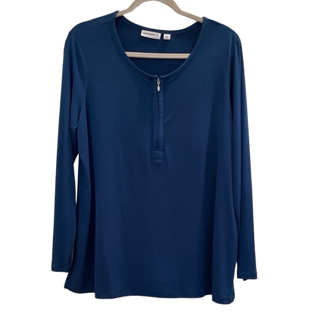 NWOT Susan Graver Liquid Knit Half Zip Top With Long Sleeves. Teal. Size Large